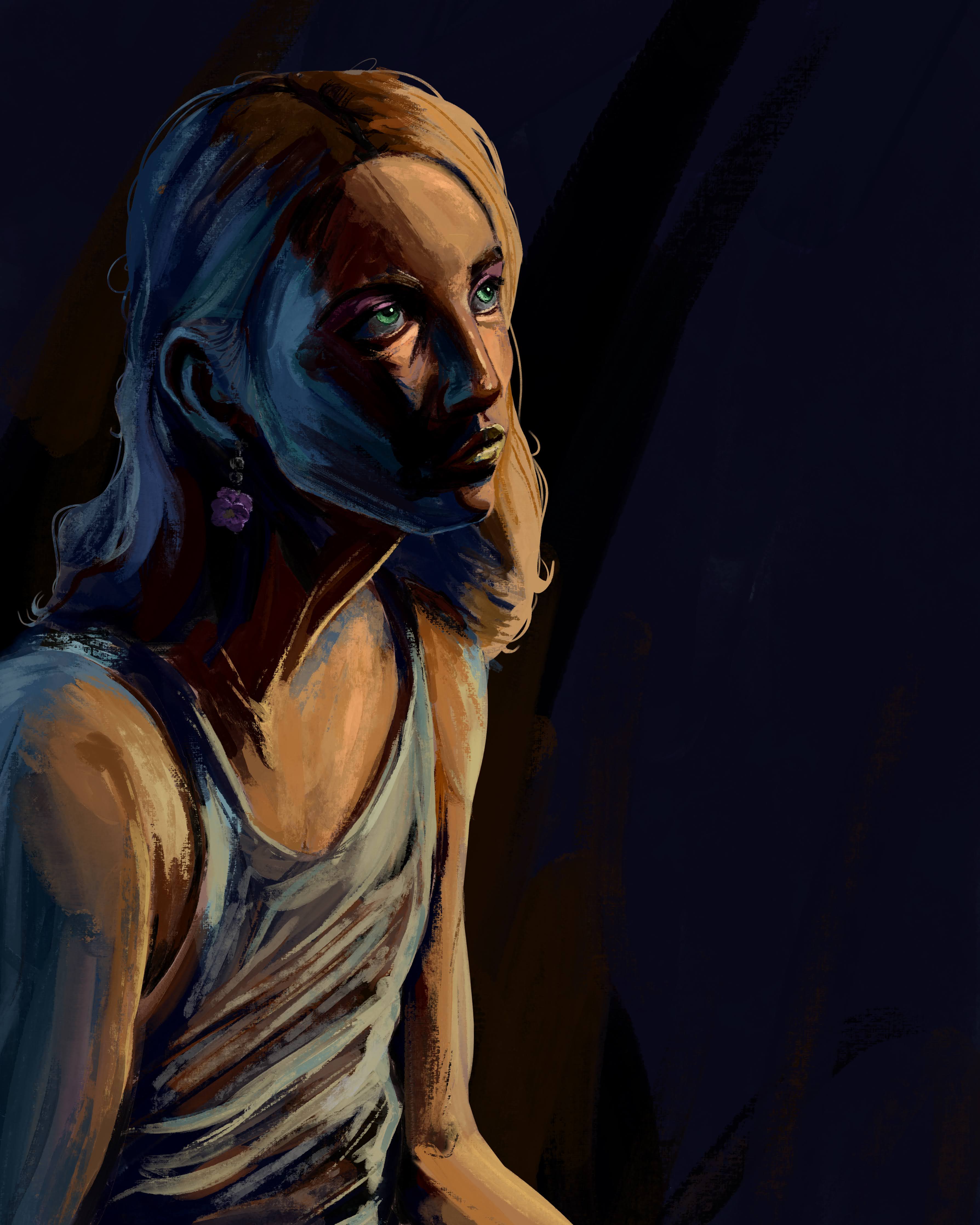 Tried a more painted style in a clarobscuro lighting